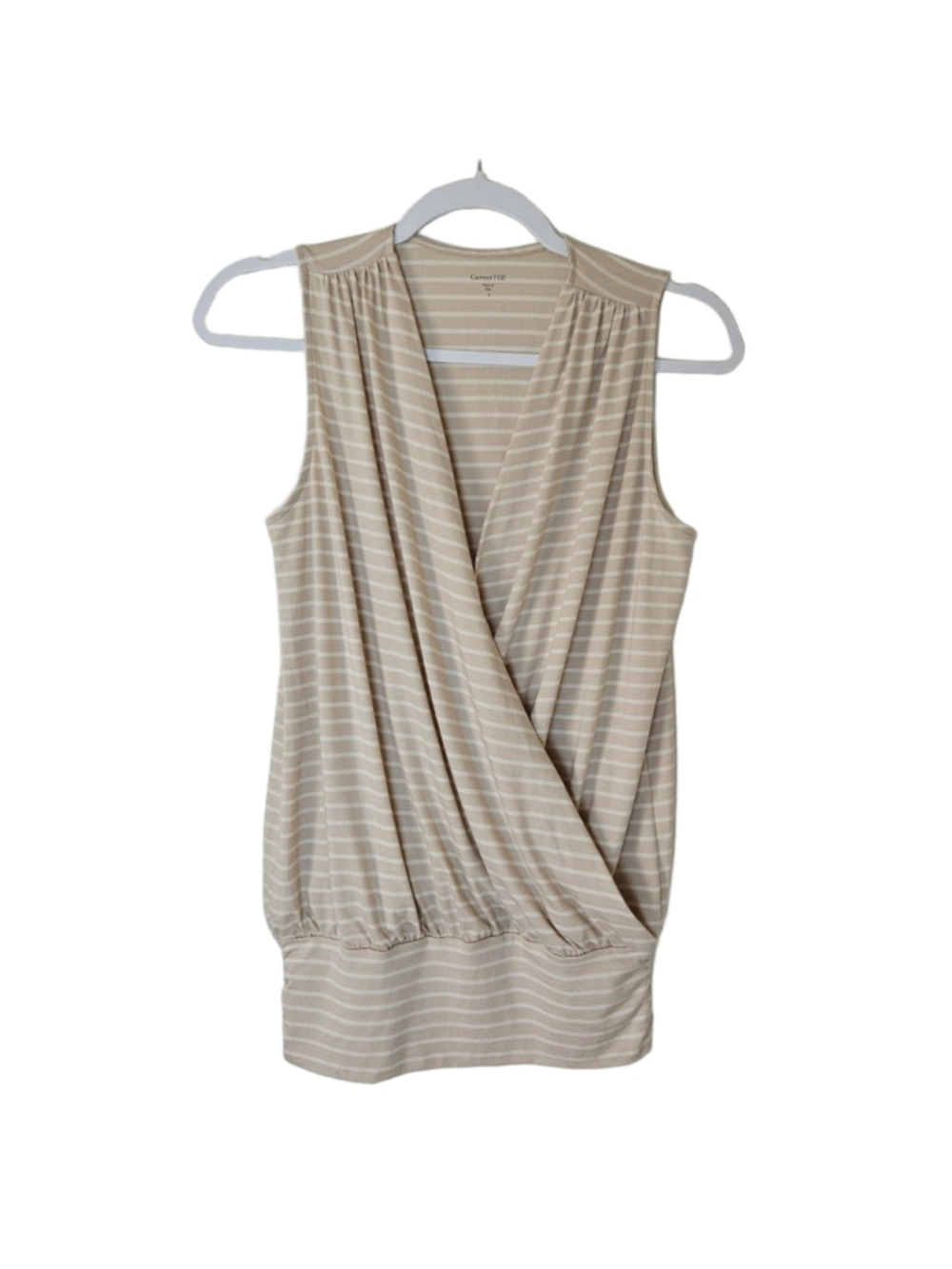 Garnet Hill Banded Surplice Knit Tank Top S Tan White Striped Wrap Blouson